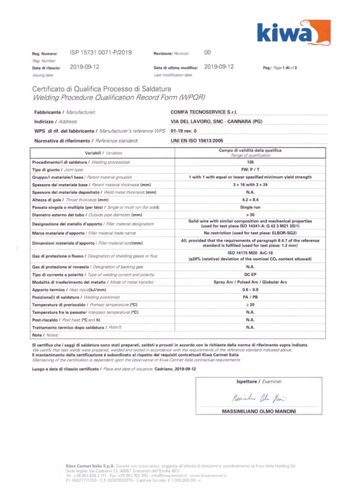 Certificato di qualita processo di saldatura 1