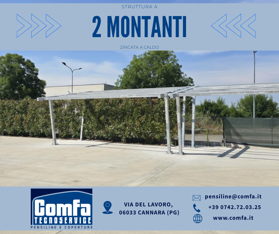Infografica COMFA Tecnoservice con foto di una pensilina fotovoltaica a 2 montanti zincata a caldo, installata su basamento in cemento armato con moduli separati. Riporta logo aziendale e contatti: Via del Lavoro, Cannara (PG), pensiline@comfa.it, +39 0742.72.03.25, www.comfa.it